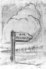 Wegweiser. Kreide auf Papier, 1943 Sachsenhausen.